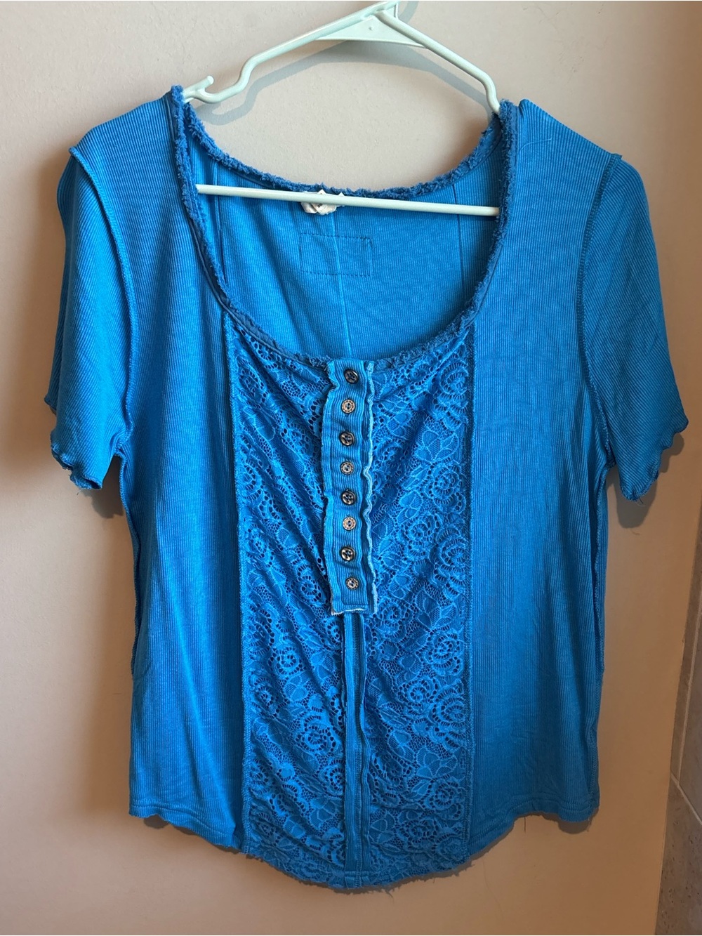 POL Bright Blue Lace-Front Short Sleeve Top